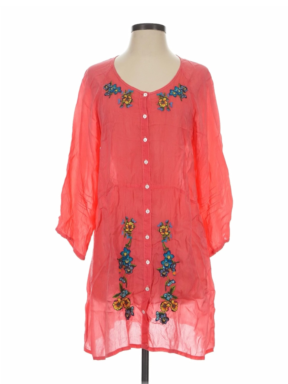 Johnny Was Coral Embroidered Button-Front Long Sleeve Dress